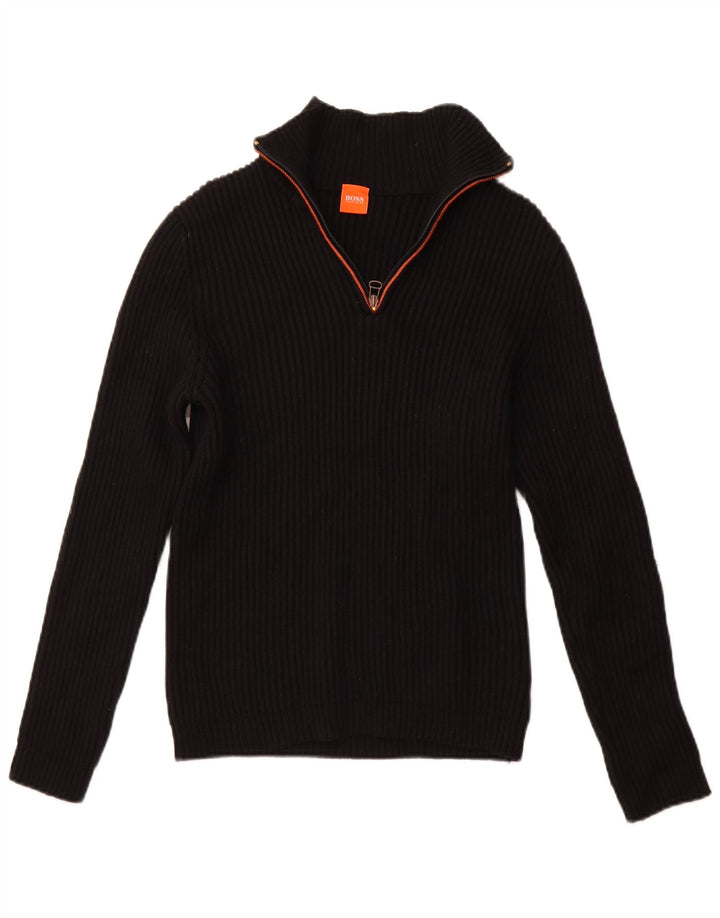 Hugo Boss Damen-Pullover mit Reißverschluss am Hals, UK 14, Größe L, schwarze Schurwolle