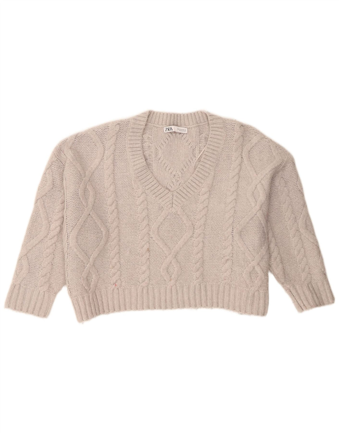 Zara Damen Crop Übergroßer Pullover mit V-Ausschnitt UK 14 Mittelgraues Acryl
