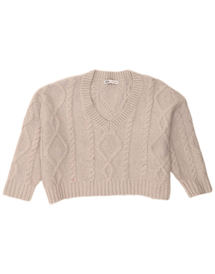 Zara Damen Crop Übergroßer Pullover mit V-Ausschnitt UK 14 Mittelgraues Acryl
