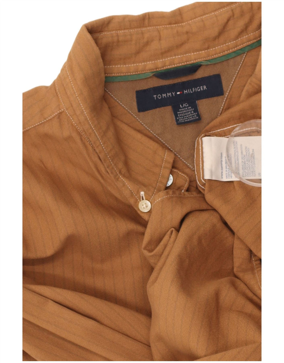 TOMMY HILFIGER Mens Shirt Large Beige Pinstripe Cotton