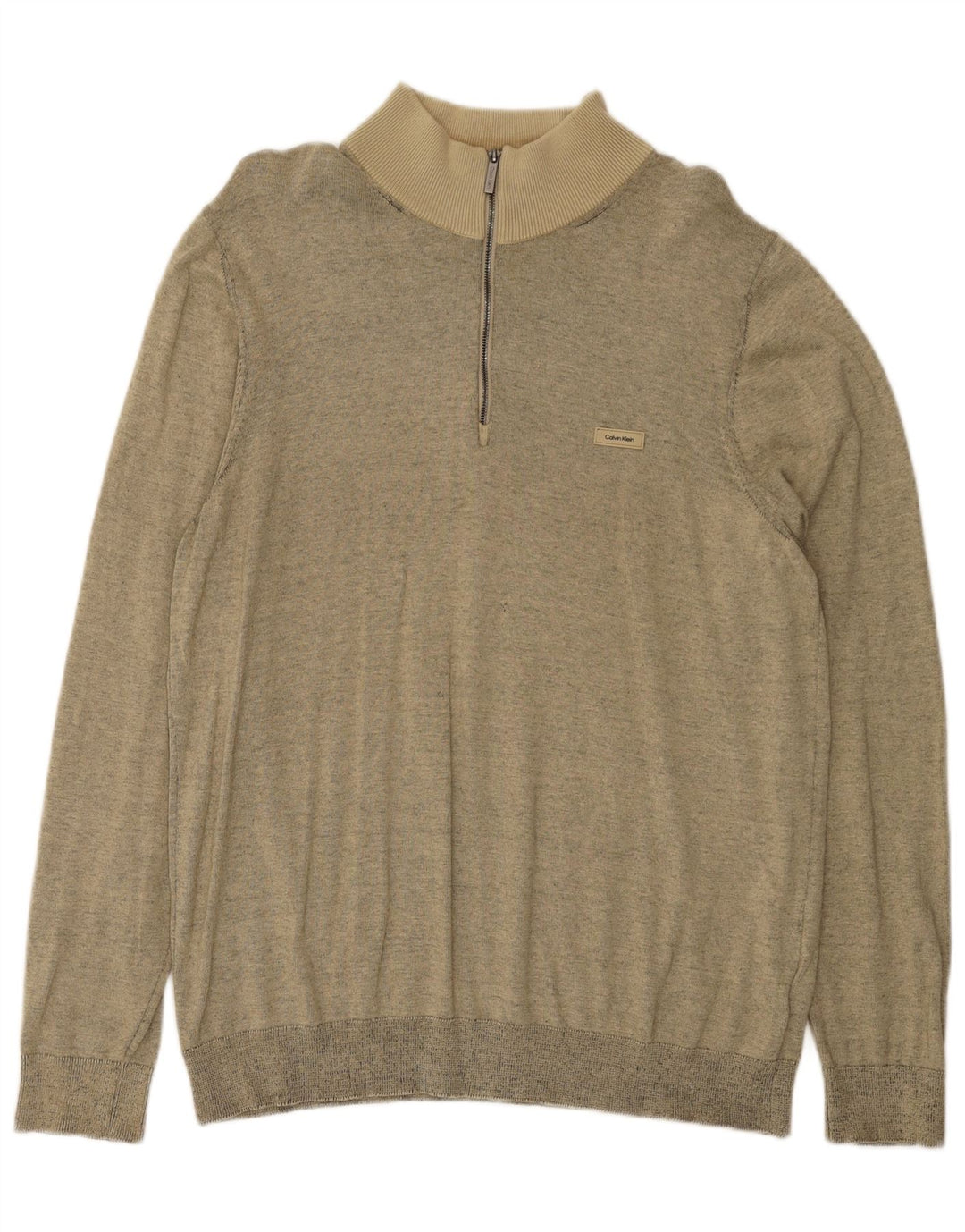 Calvin Klein Herren-Pullover mit Reißverschluss am Hals, mittelbeige gefleckte Baumwolle