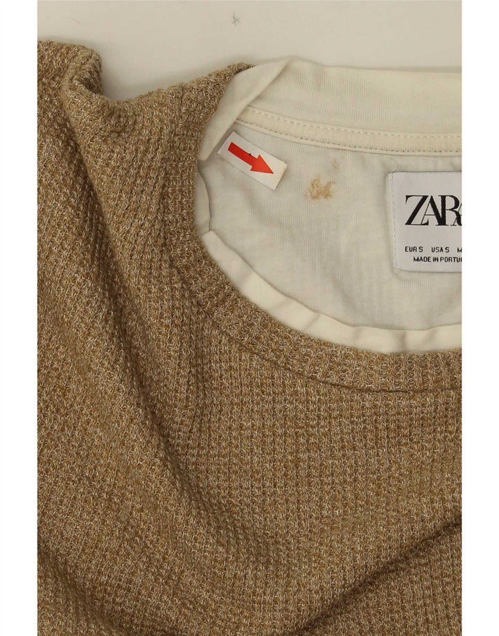 Zara Herren-Oberteil, langärmelig, klein, Beige, Baumwolle