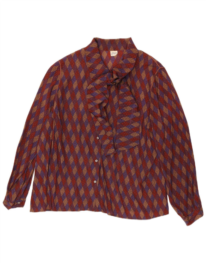 Vintage Damen-Hemdbluse mit Krawatte vorne, UK 16, große rote geometrische Seide