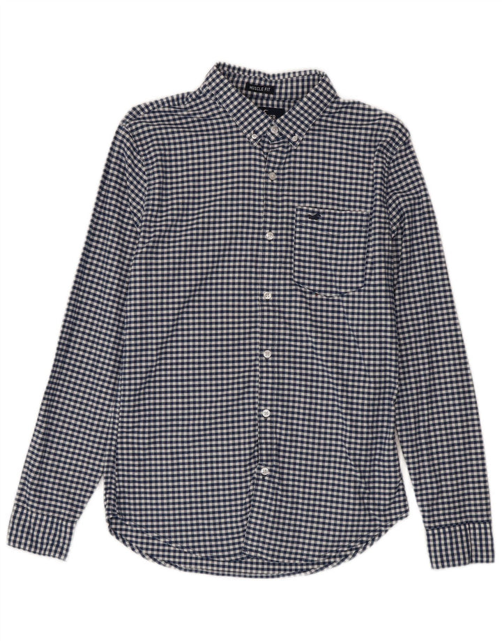 Hollister Herren-Hemd, klein, blau, Gingham-Baumwolle
