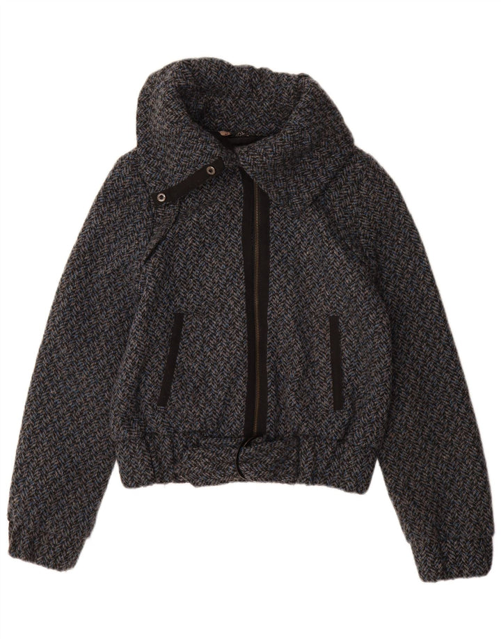 Topshop Damen Bomberjacke UK 10 Small Blaues Fischgrätenmuster aus Polyester