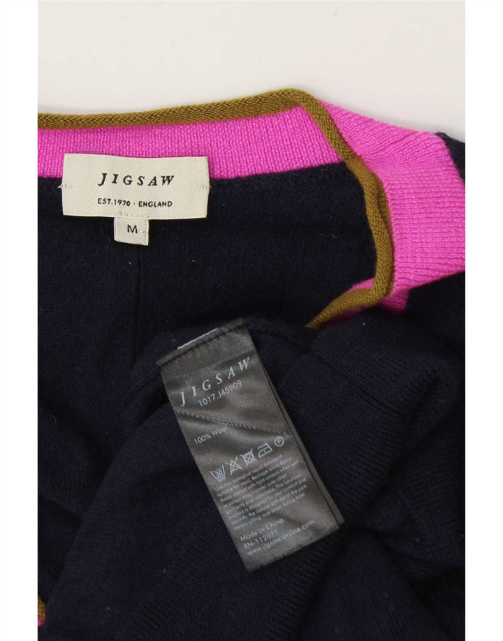Jigsaw Damen-Cardigan-Pullover UK 14 Mittelmarineblaue Colourblock-Wolle