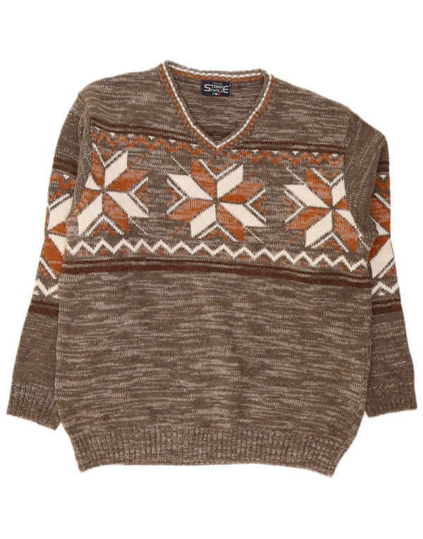 Vintage Mens V-Neck Jumper Sweater Large Khaki Fair Isle Acrylic