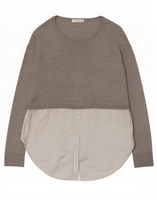 Zara Damen Langarm-Tunika-Oberteil UK 10 Small Graues Colourblock-Polyester