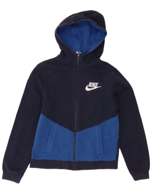 Nike Boys Zip Hoodie Sweater 12-13 Years Large Navy Blue Colourblock Cotton