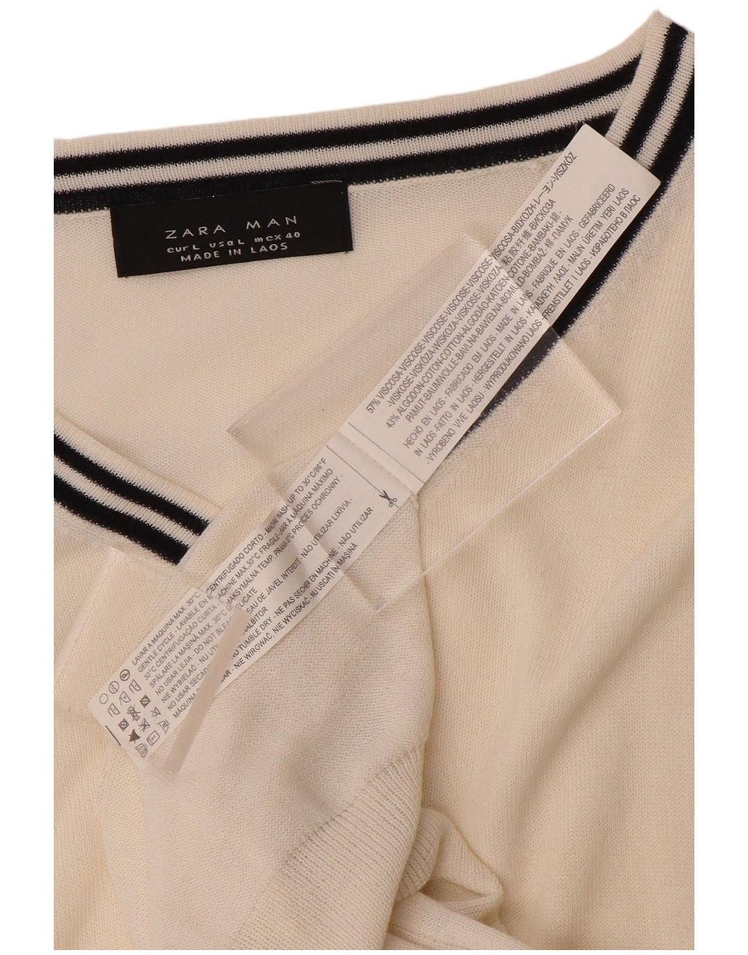 ZARA Mens V-Neck Jumper Sweater Large Off White Colourblock Viscose