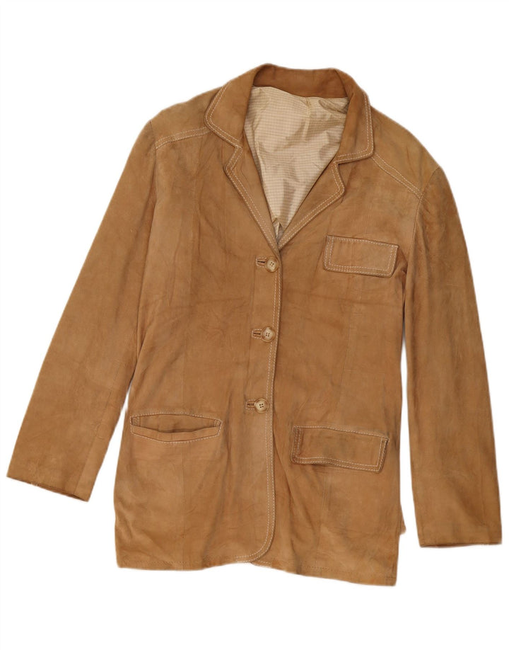 Vintage Damen 3-Knopf-Wildleder-Blazerjacke UK 14 Mittelbeige