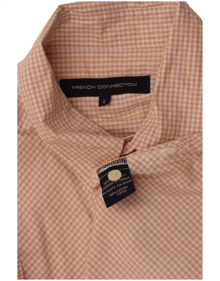 FRENCH CONNECTION Herren-Kurzarmhemd, groß, beige Gingham-Baumwolle