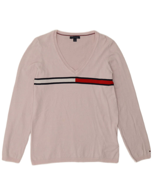 Tommy Hilfiger Damen-Pullover mit V-Ausschnitt, UK 14, Mittelrosa, Farbblock