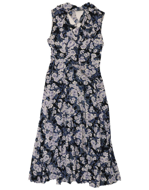 Vintage Damen Ärmelloses Hemdkleid UK 12 Mittelblau geblümt