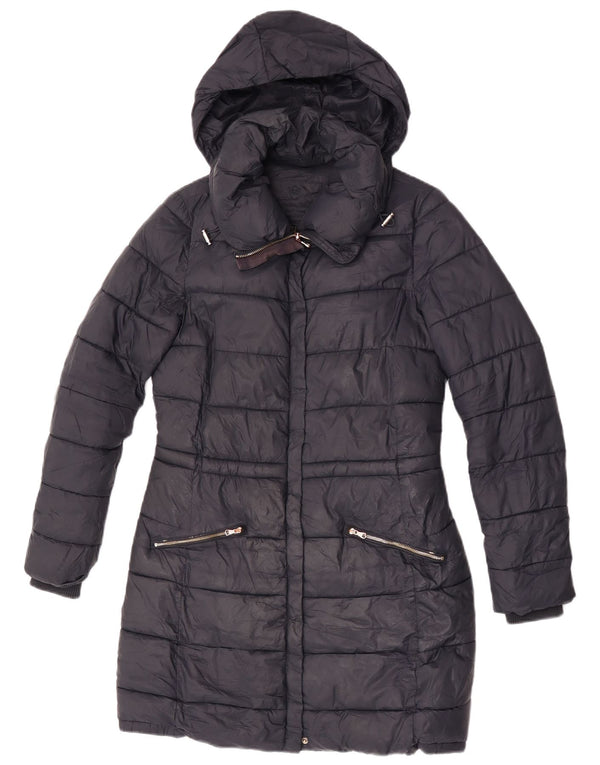 Massimo Dutti Wattierter Damenmantel mit Kapuze, UK 10, Small, schwarzes Nylon
