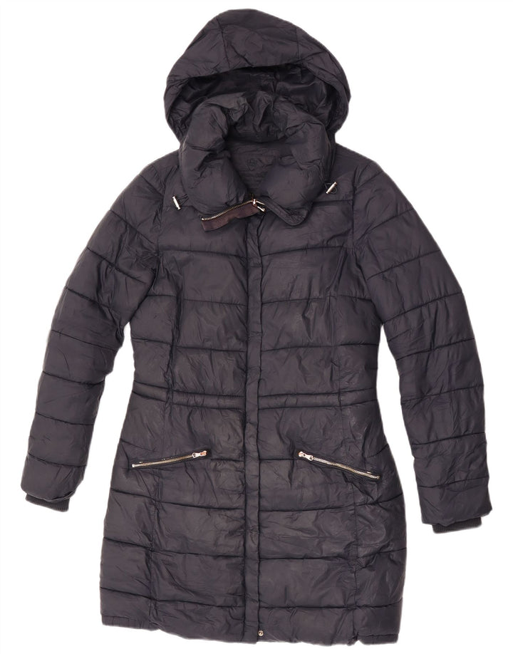 Massimo Dutti Wattierter Damenmantel mit Kapuze, UK 10, Small, schwarzes Nylon
