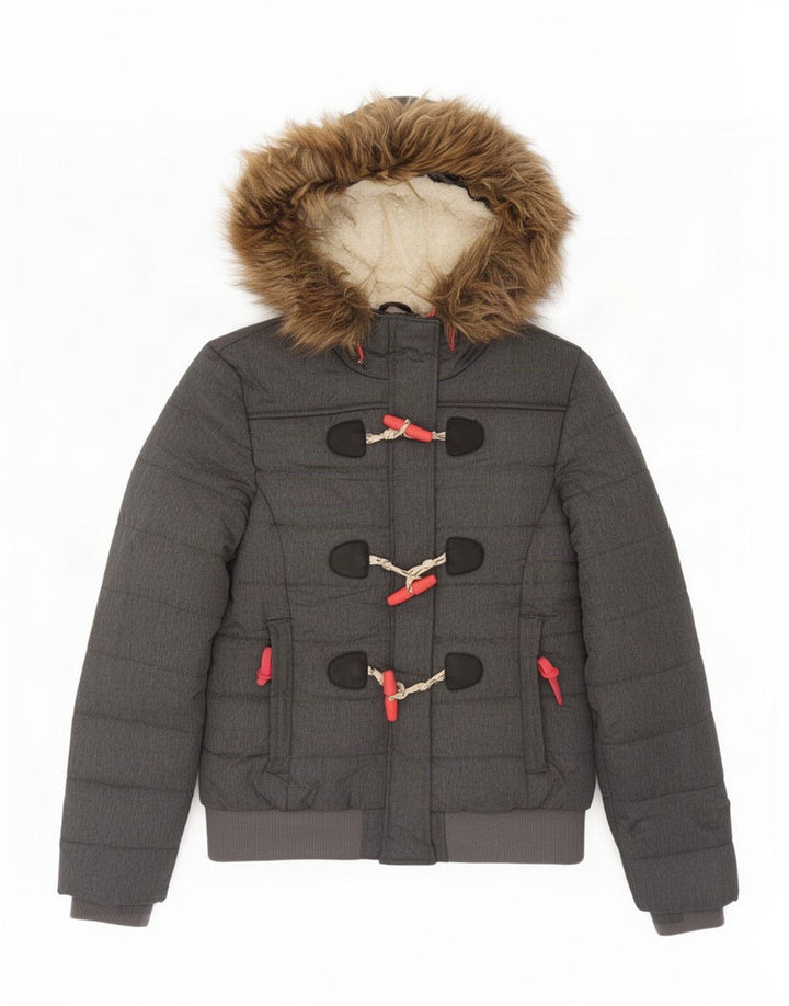 Superdry Damen Bomberjacke mit Kapuze, wattiert, UK 14, Größe L, Grau, Polyester