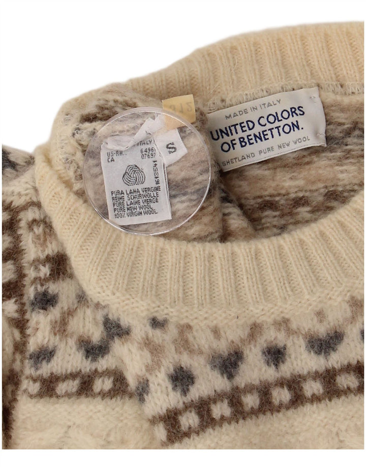 Benetton Herren-Pullover mit Rundhalsausschnitt, Größe S, cremefarbene Fair-Isle-Wolle