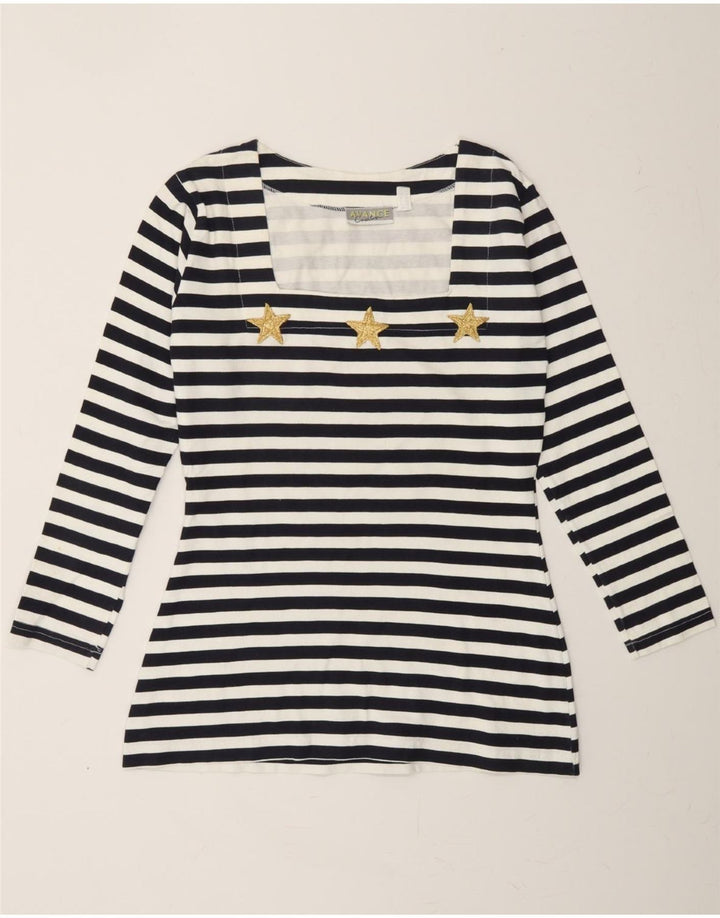 VINTAGE Womens Top Long Sleeve UK 12 Medium Navy Blue Striped Cotton Vintage Vintage and Second-Hand Vintage from Messina Hembry 