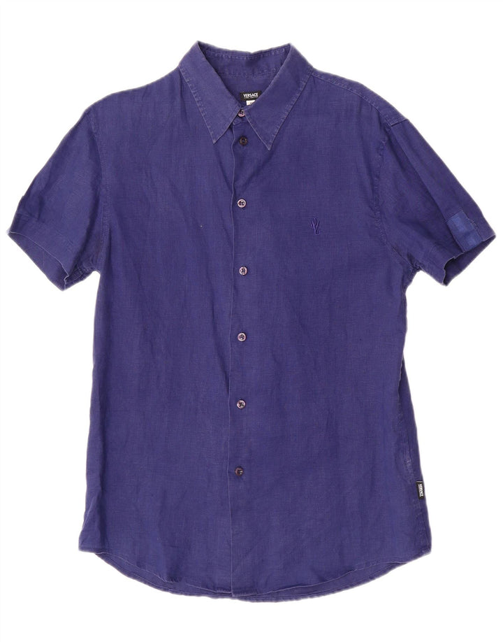 Versace Herren Kurzarmhemd Small Marineblaues Leinen