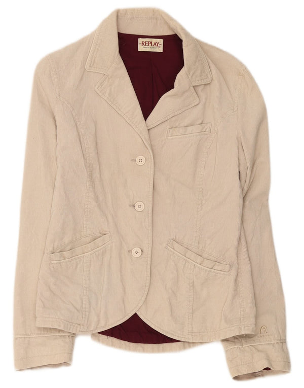Replay Damen-Blazer aus Cord mit 3 Knöpfen, UK 14, Größe L, Beige, Baumwolle