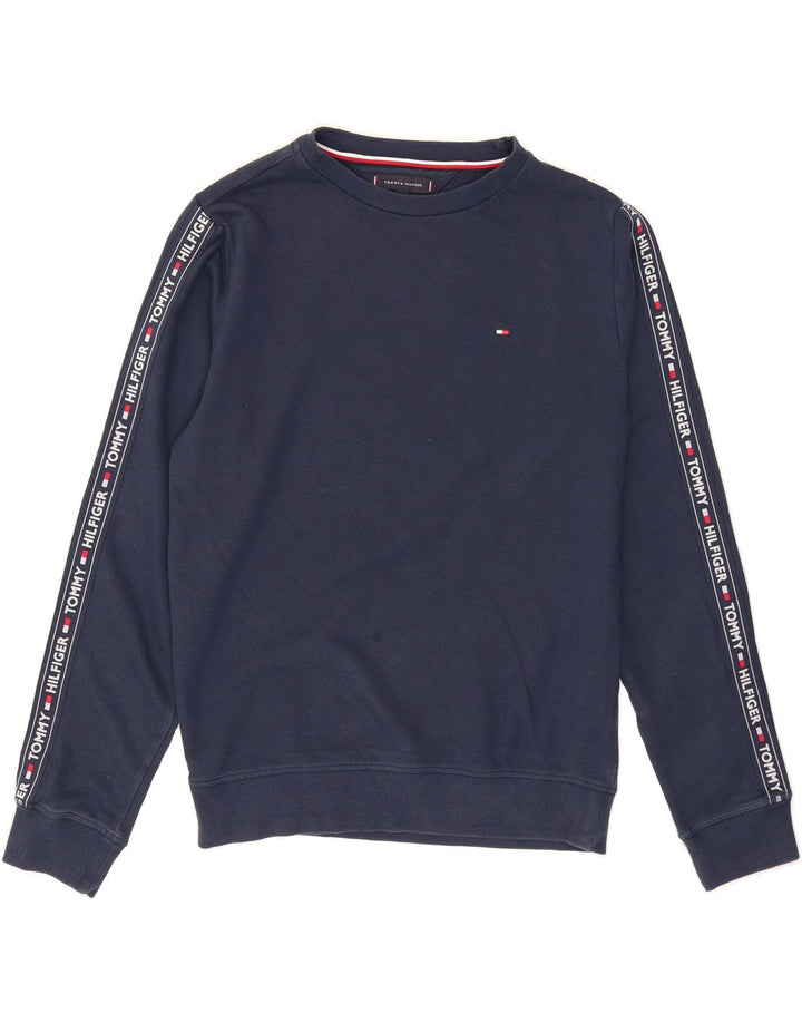 TOMMY HILFIGER Mens Graphic Sweatshirt Jumper Small Navy Blue Cotton Vintage Tommy Hilfiger and Second-Hand Tommy Hilfiger from Messina Hembry 
