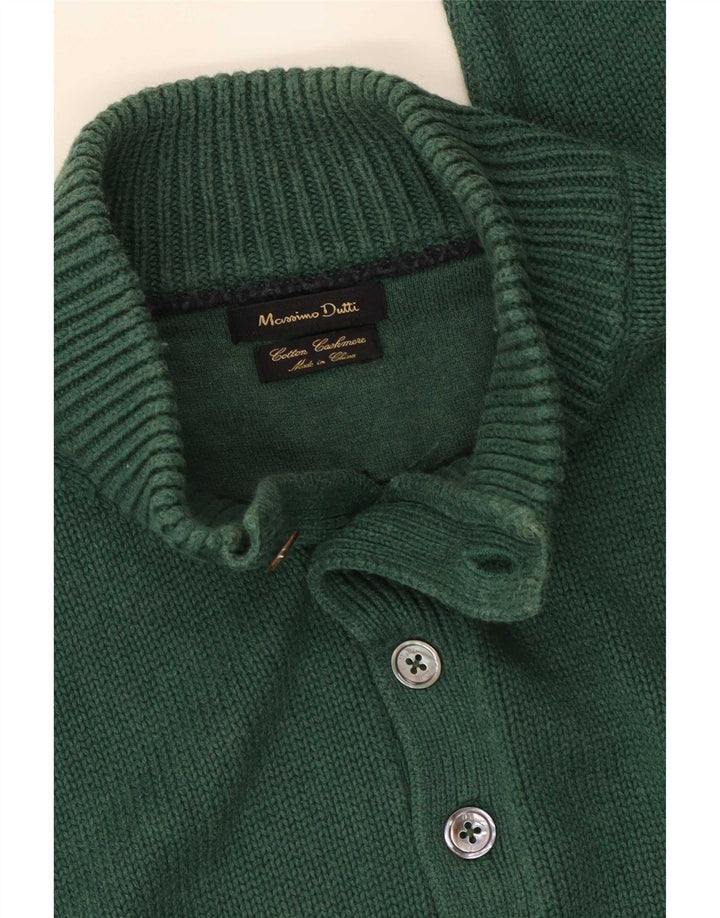 Massimo Dutti Herren-Pullover mit Knopfkragen, mittelgrüne Baumwolle