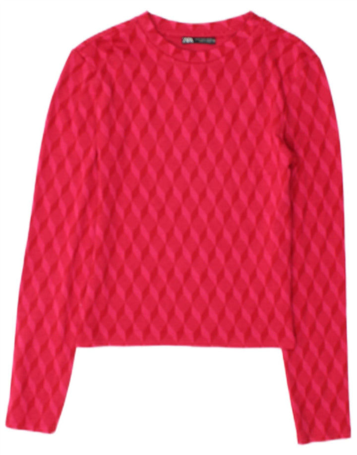 Zara Damen Crop Top Langarm UK 10 Small Rosa Geometrisch Polyester