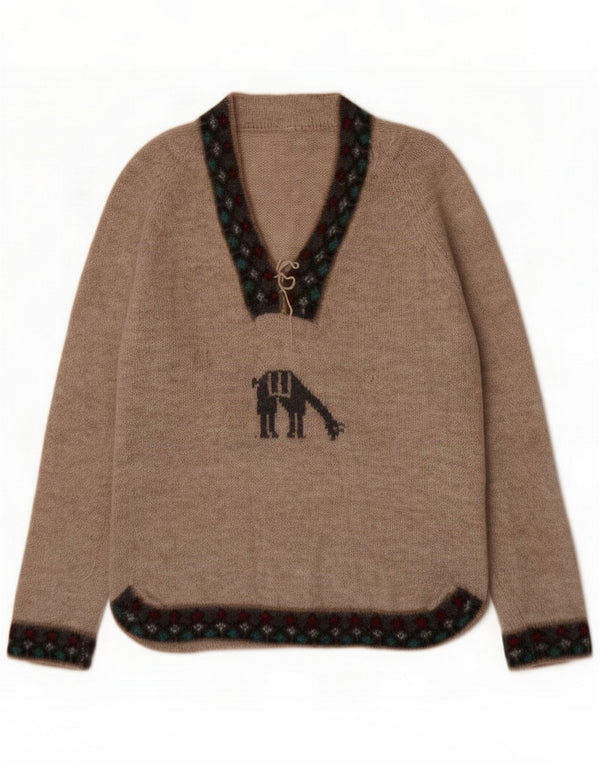 Vintage Damen Pullover mit V-Ausschnitt UK 16 Large Beige Fair Isle