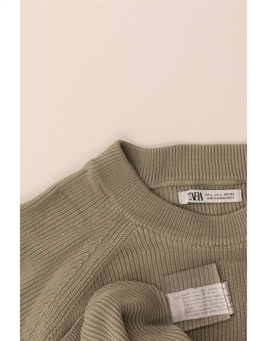 Zara Herren-Pullover mit Rundhalsausschnitt, groß, Khaki, Baumwolle