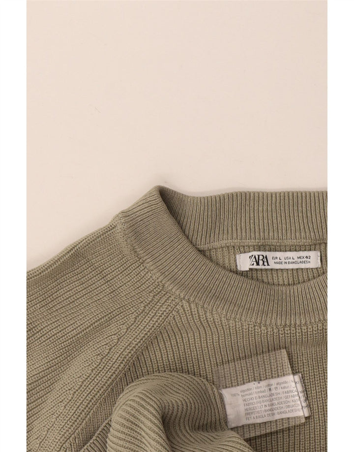 Zara Herren-Pullover mit Rundhalsausschnitt, groß, Khaki, Baumwolle