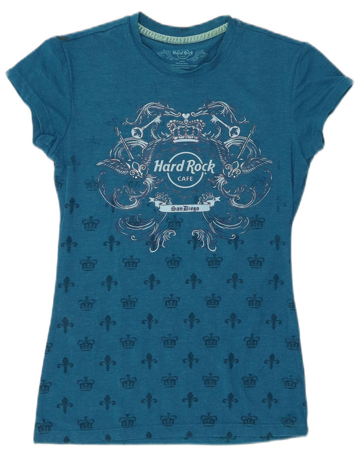 HARD ROCK CAFE Damen San Diego Graphic T-Shirt Top UK 8 Small Blau Baumwolle