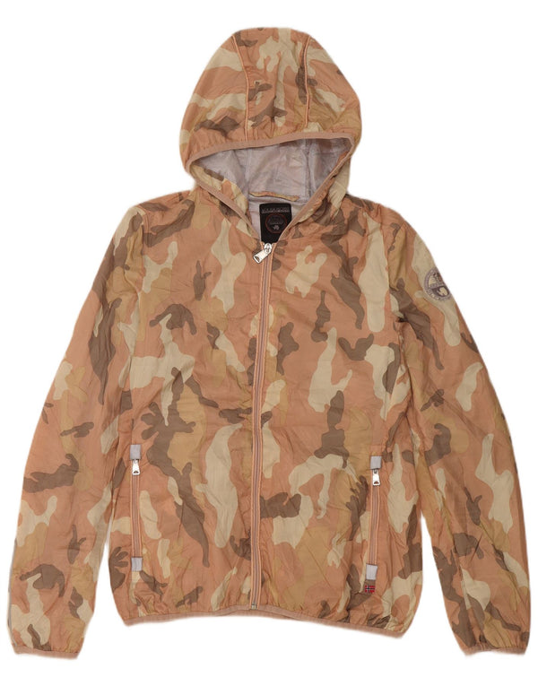 NAPAPIJRI Womens Hooded Rain Jacket UK 16 Large Pink Camouflage Polyester