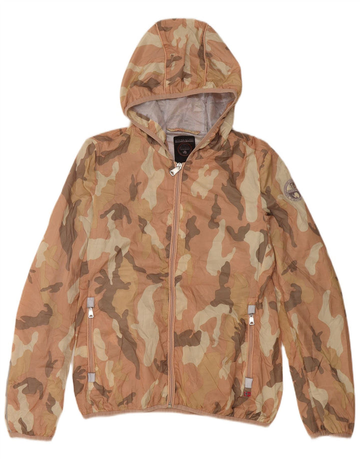 NAPAPIJRI Damen-Regenjacke mit Kapuze, UK 16, Größe L, rosafarbenes Camouflage-Polyester