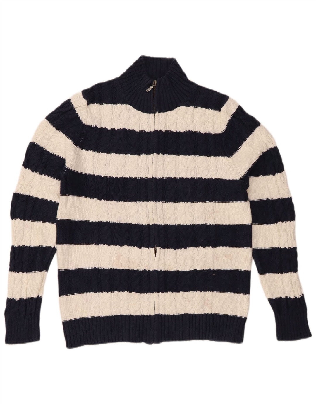 L.L.BEAN Damen-Cardigan-Pullover UK 14 Mittelmarineblau gestreifte Baumwolle