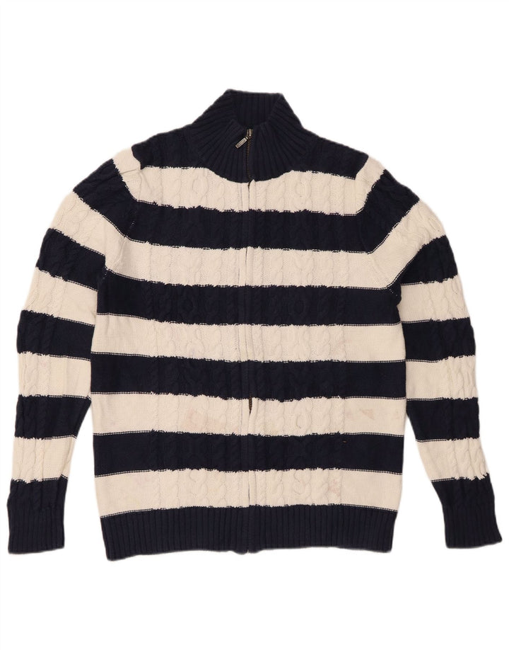 L.L.BEAN Damen-Cardigan-Pullover UK 14 Mittelmarineblau gestreifte Baumwolle