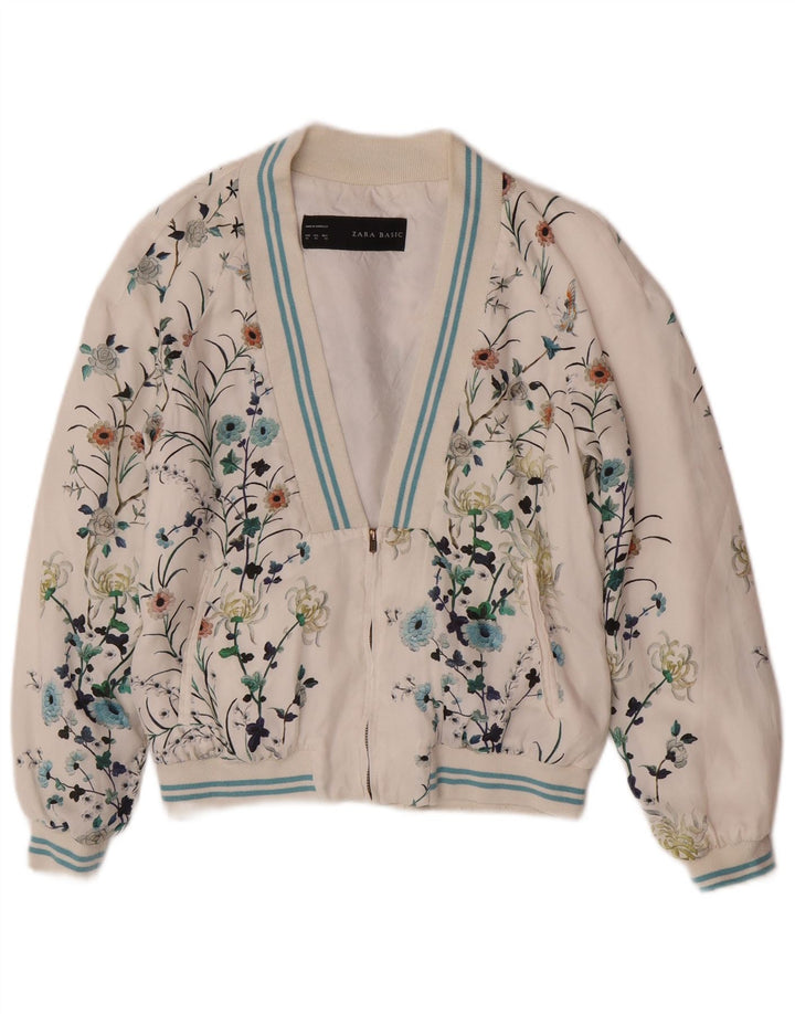 Grafische Bomberjacke für Damen von Zara, UK 6, XS, weißes, geblümtes Polyester