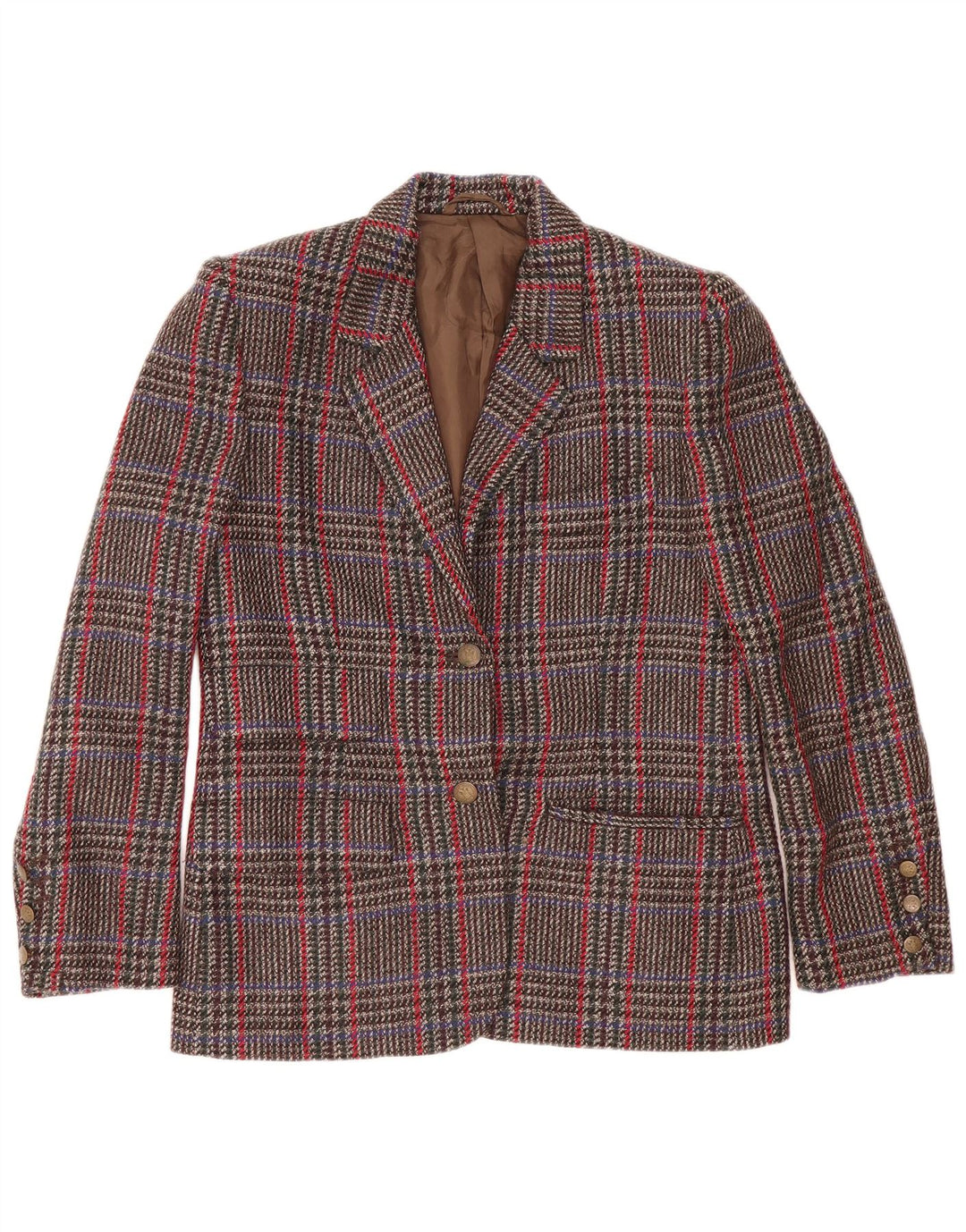 Vintage Damen 2-Knopf-Blazerjacke IT 44 Mittelbraune Hahnentrittwolle