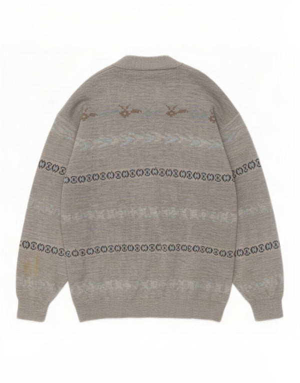 Vintage Mens Cardigan Sweater XL Grey Striped Wool
