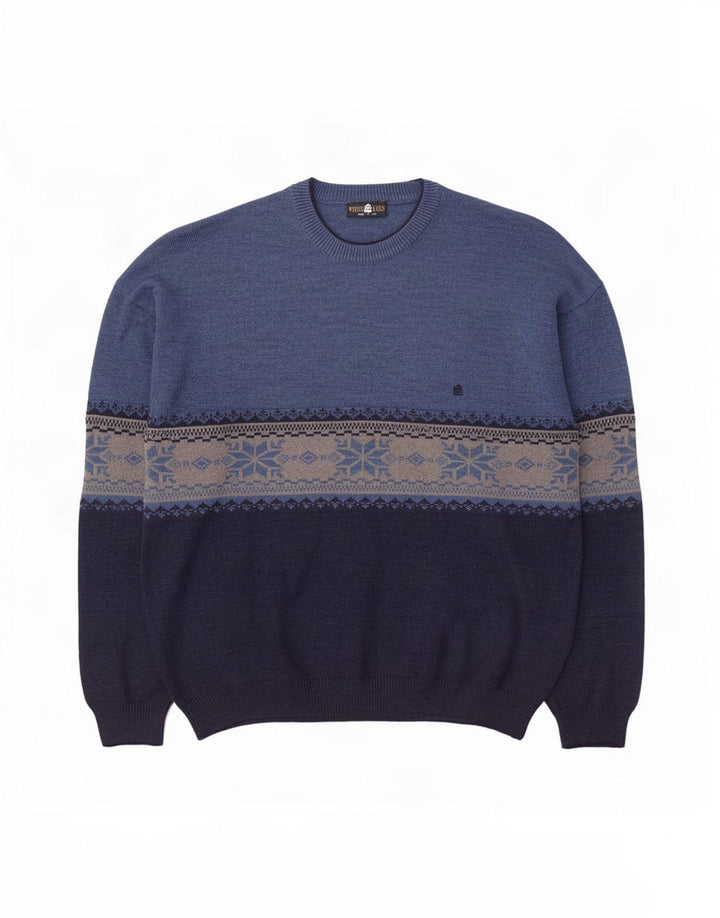 White Sails Herren-Pullover mit Rundhalsausschnitt, Größe L, blaue Fair-Isle-Wolle