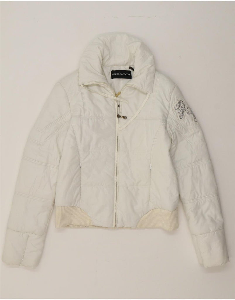ROCCOBAROCCO Womens Graphic Padded Jacket US 8 Medium White Polyester Vintage Roccobarocco and Second-Hand Roccobarocco from Messina Hembry 