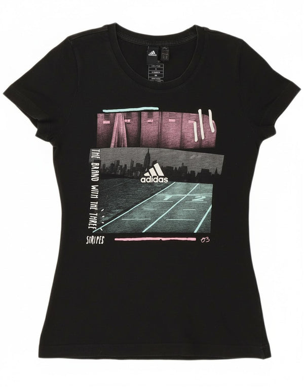 Adidas Damen Grafik T-Shirt Top UK 4/6 XS Schwarz Baumwolle