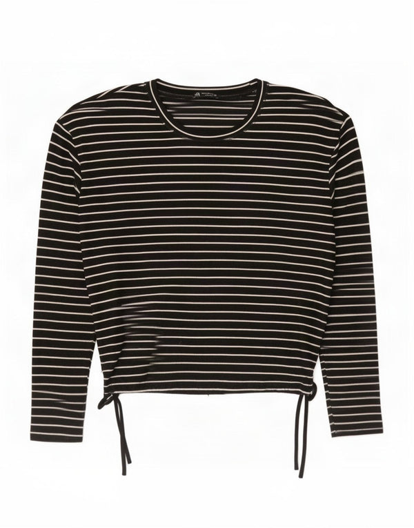 Zara Damen Top Langarm UK 14 Medium Schwarz Gestreifte Viskose