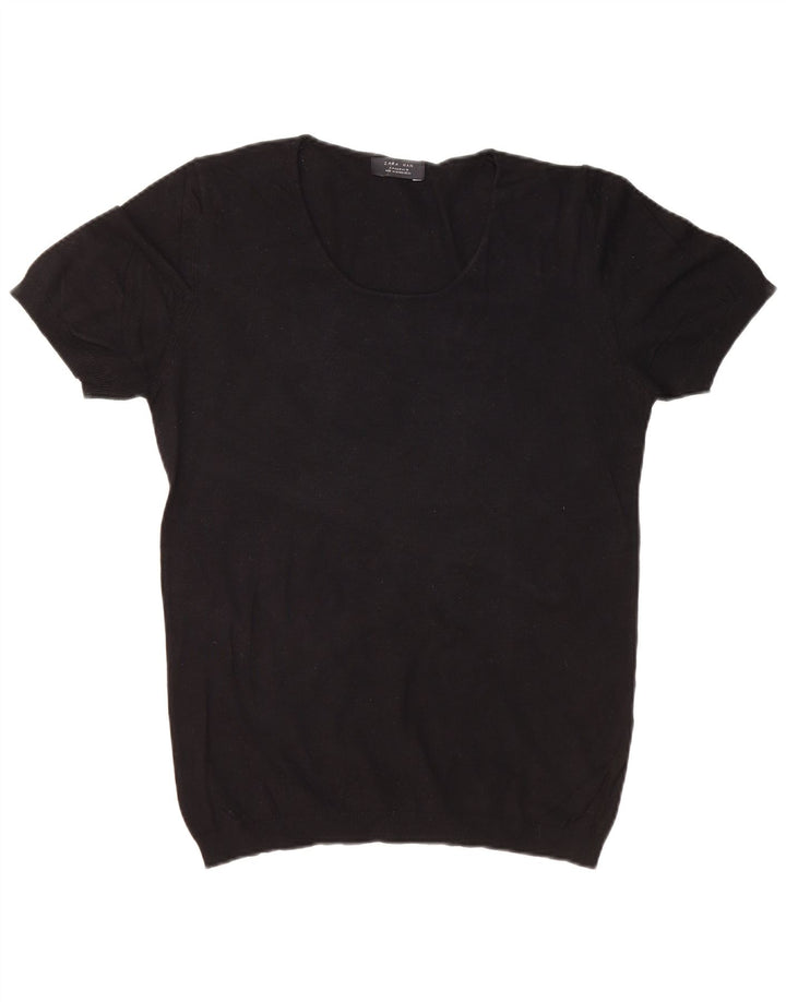 ZARA Herren Kurzarm-Pullover mit U-Boot-Ausschnitt Mittelschwarz