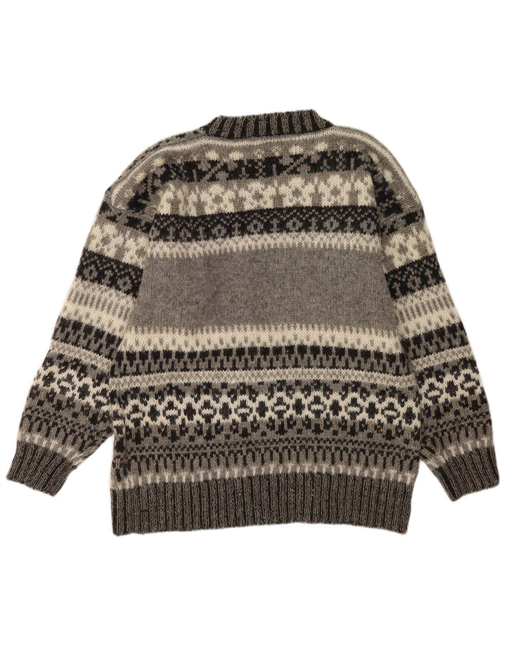 Vintage Herren Pullover mit Rundhalsausschnitt, groß, grau, Fair-Isle-Polyacryl