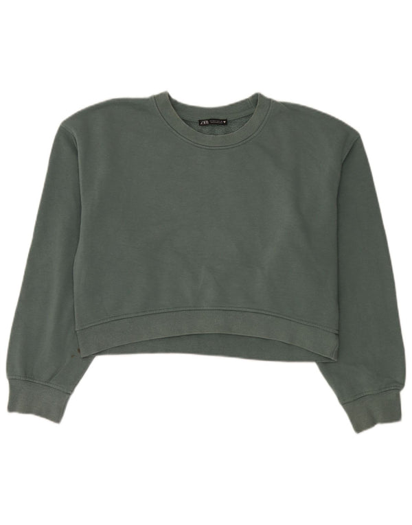 Zara Damen Crop Oversized Sweatshirt Pullover UK 14 Mittelgrüne Baumwolle