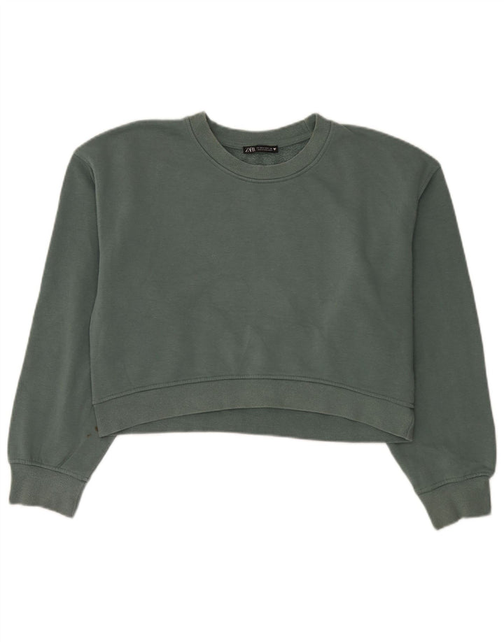 Zara Damen Crop Oversized Sweatshirt Pullover UK 14 Mittelgrüne Baumwolle