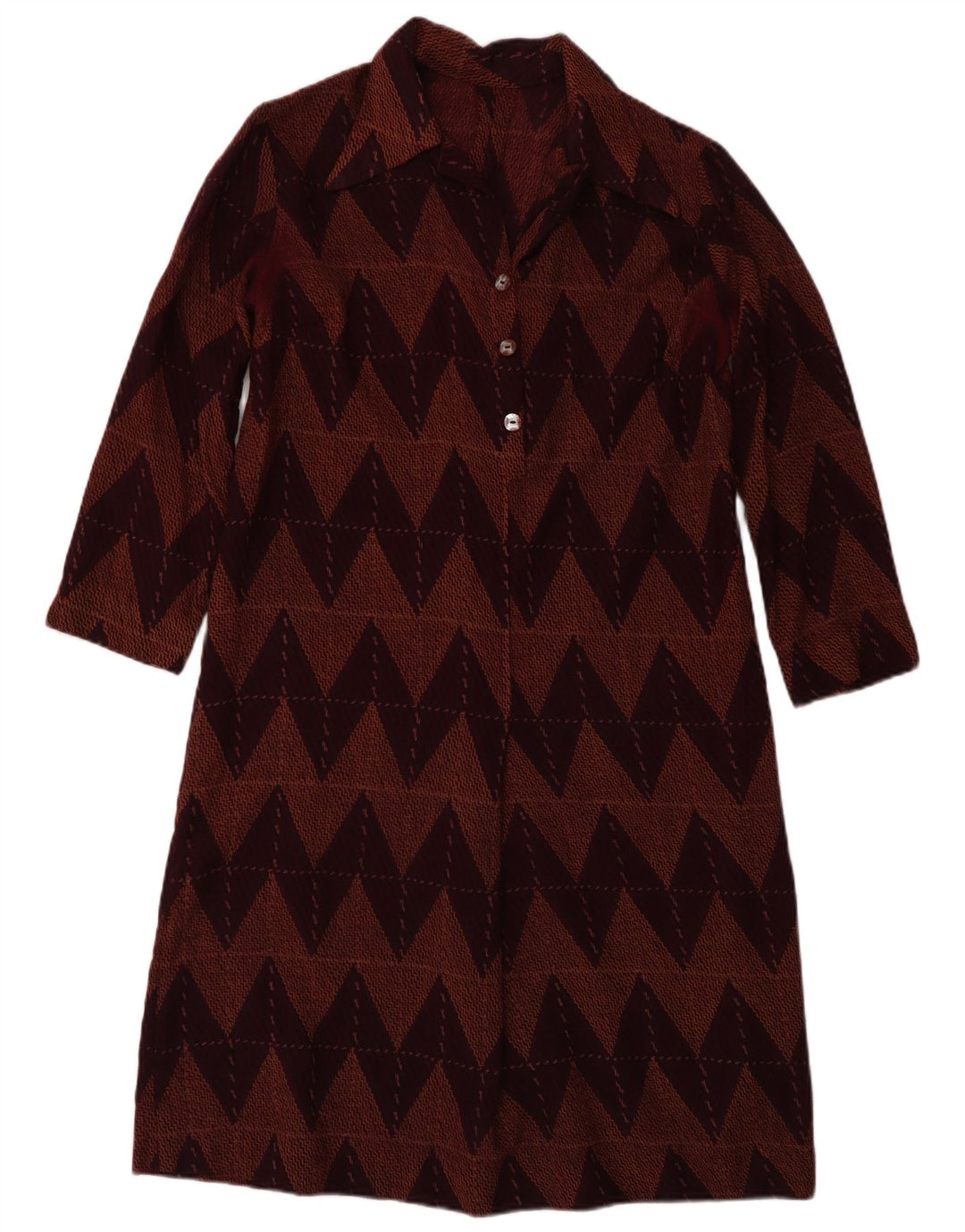 Vintage Damen 3/4 Ärmel Basic Kleid UK 12 Medium Burgunder Chevron
