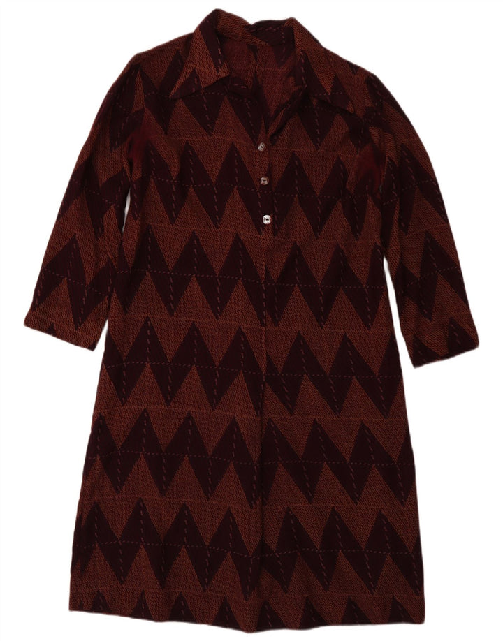 Vintage Damen 3/4 Ärmel Basic Kleid UK 12 Medium Burgunder Chevron