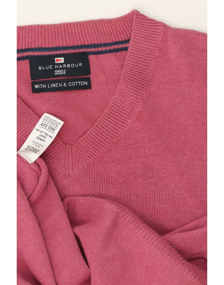 Marks & Spencer Herren-Pullover „Harbor“ mit V-Ausschnitt in Blau, Größe L, Leinen, Rosa